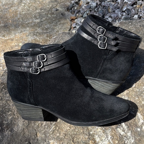 Clarks Shoes - Clarks Suede Black Ankle Boots with Double Strap